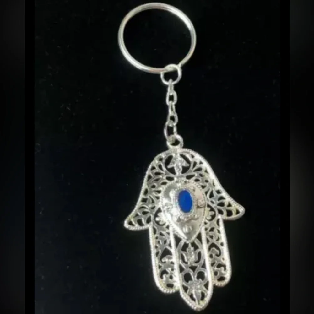 Hamsa Keychain Metal Hand Silver Tone Travel Souvenir Blue Accent New